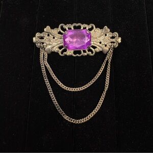 Vintage Style Purple Brooch with Ornate Filigree Dangling Chain